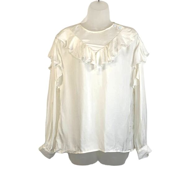 Sandro Ruffle Long Sleeve Blouse Snap Neck Cupro White Modest - Picture 1 of 12